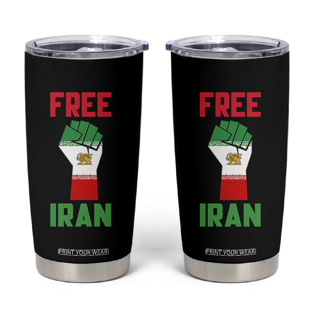 Free Iran Raised Fist Tumbler Cup Persian Flag Lion and Sun Emblem Iranian Revolution TS02 Black Print Your Wear