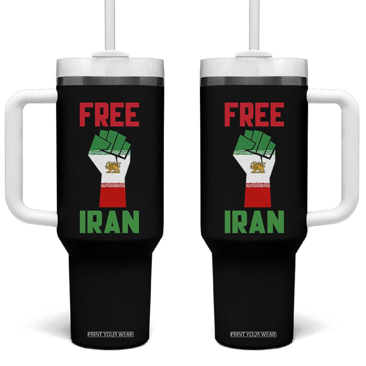 Free Iran Raised Fist Tumbler With Handle Persian Flag Lion and Sun Emblem Iranian Revolution TS02 One Size: 40 oz Black Print Your Wear