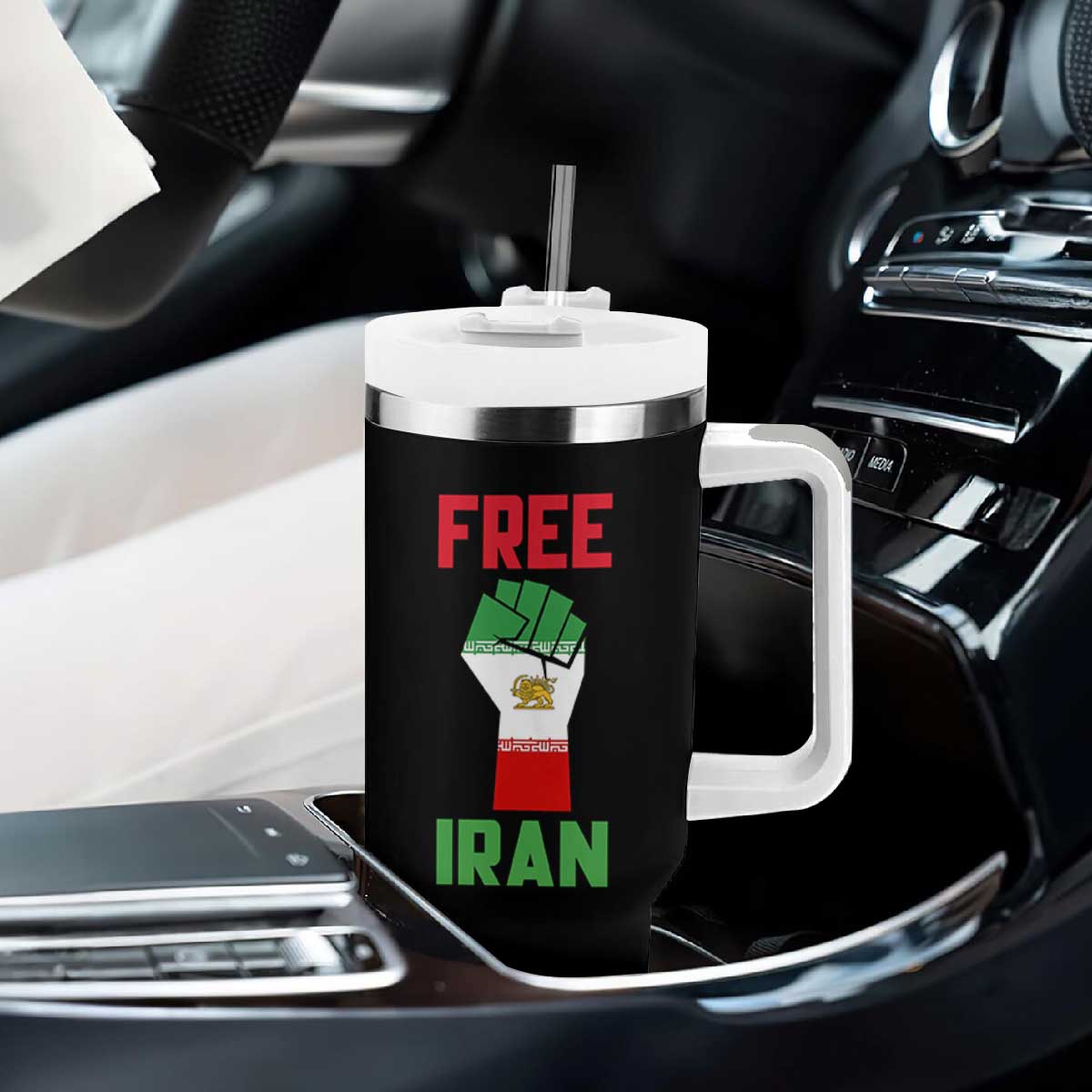 Free Iran Raised Fist Tumbler With Handle Persian Flag Lion and Sun Emblem Iranian Revolution TS02 Print Your Wear