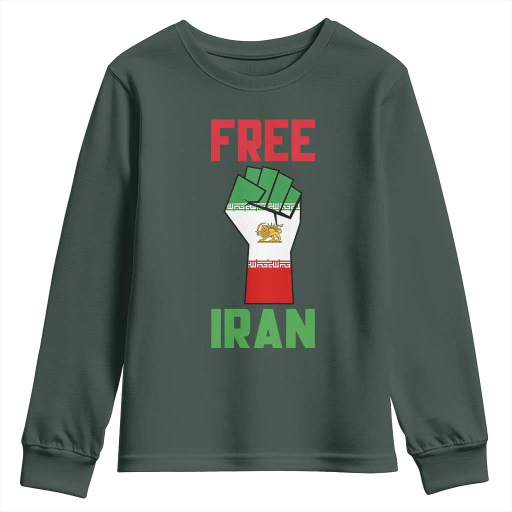 Free Iran Raised Fist Youth Sweatshirt Persian Flag Lion and Sun Emblem Iranian Revolution TS02 Dark Forest Green Print Your Wear