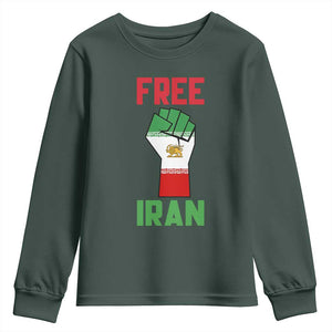 Free Iran Raised Fist Youth Sweatshirt Persian Flag Lion and Sun Emblem Iranian Revolution TS02 Dark Forest Green Print Your Wear