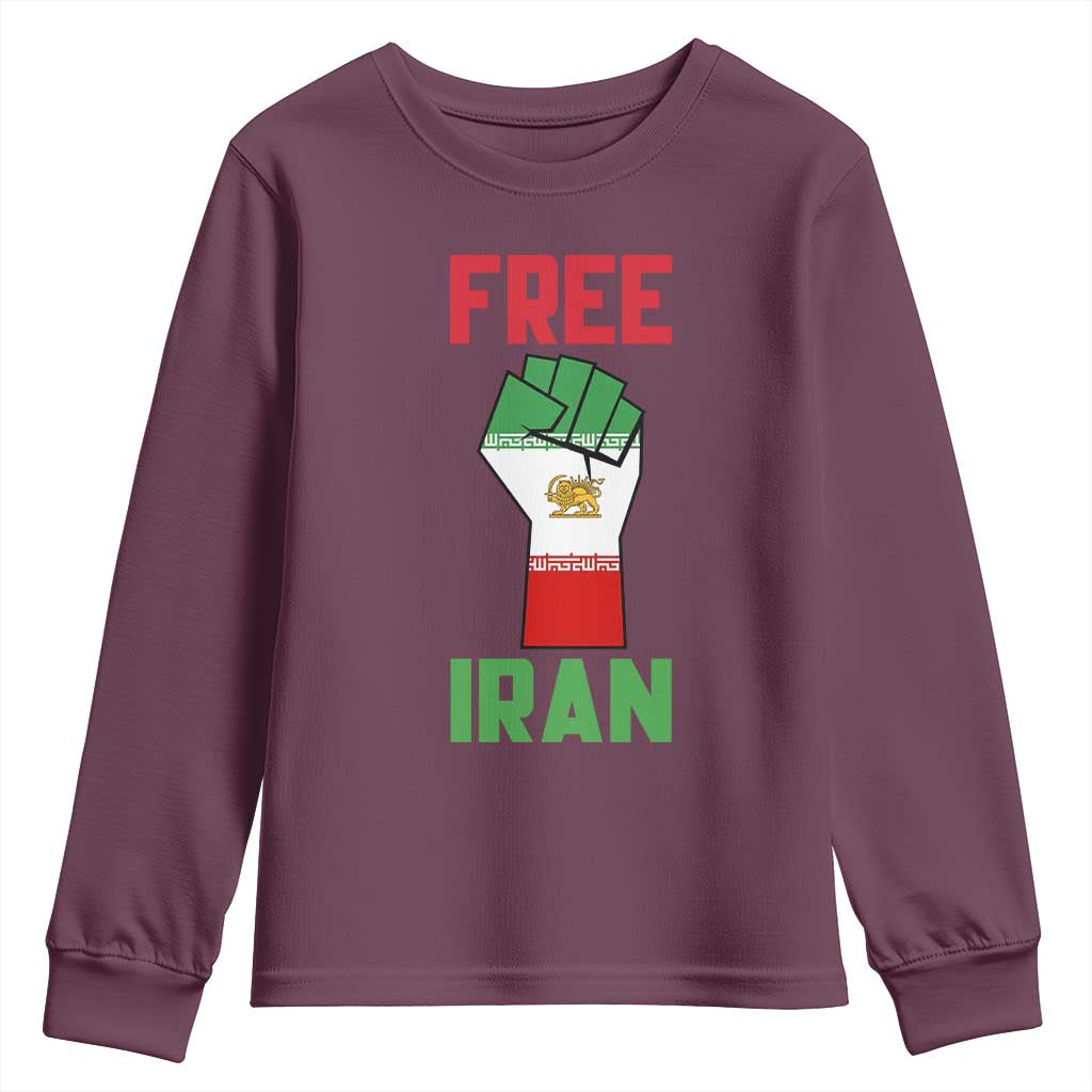 Free Iran Raised Fist Youth Sweatshirt Persian Flag Lion and Sun Emblem Iranian Revolution TS02 Maroon Print Your Wear