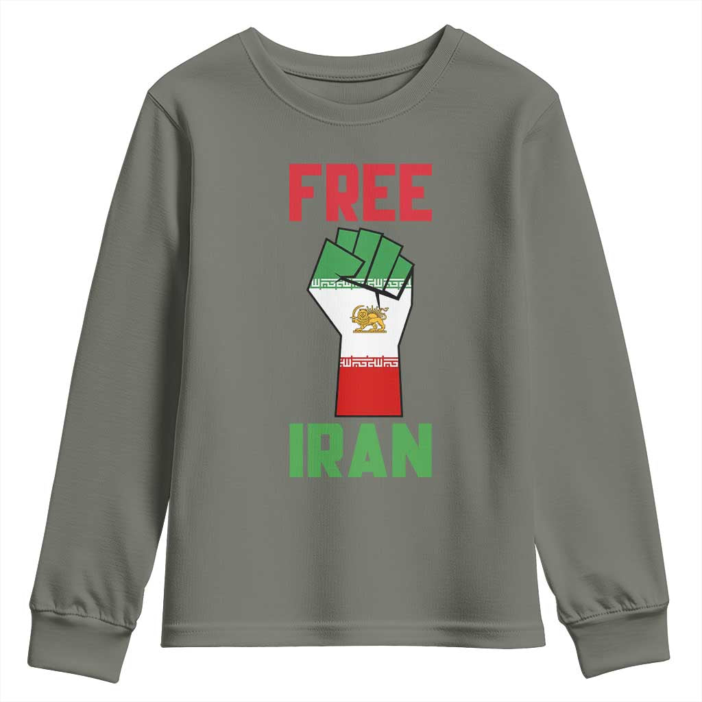 Free Iran Raised Fist Youth Sweatshirt Persian Flag Lion and Sun Emblem Iranian Revolution TS02 Military Green Print Your Wear