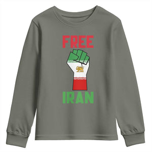 Free Iran Raised Fist Youth Sweatshirt Persian Flag Lion and Sun Emblem Iranian Revolution TS02 Military Green Print Your Wear