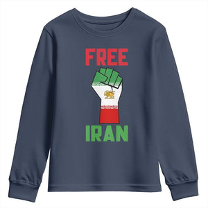Free Iran Raised Fist Youth Sweatshirt Persian Flag Lion and Sun Emblem Iranian Revolution TS02 Navy Print Your Wear