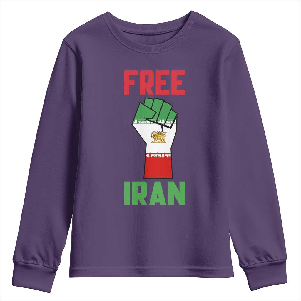 Free Iran Raised Fist Youth Sweatshirt Persian Flag Lion and Sun Emblem Iranian Revolution TS02 Purple Print Your Wear