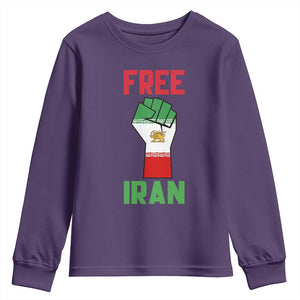 Free Iran Raised Fist Youth Sweatshirt Persian Flag Lion and Sun Emblem Iranian Revolution TS02 Purple Print Your Wear