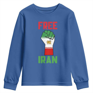 Free Iran Raised Fist Youth Sweatshirt Persian Flag Lion and Sun Emblem Iranian Revolution TS02 Royal Blue Print Your Wear