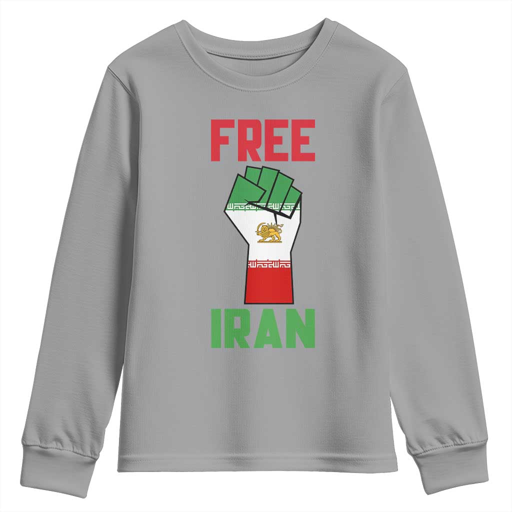 Free Iran Raised Fist Youth Sweatshirt Persian Flag Lion and Sun Emblem Iranian Revolution TS02 Sport Gray Print Your Wear