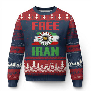 Free Iran Sunflower Ugly Christmas Sweater Persian Flag Lion and Su Iranian Revolution Freedom Supporters TS02 Navy Red Print Your Wear