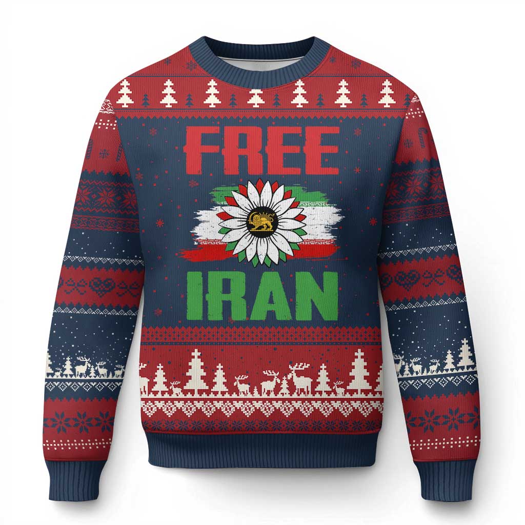 Free Iran Sunflower Ugly Christmas Sweater Persian Flag Lion and Su Iranian Revolution Freedom Supporters TS02 Navy Red Print Your Wear