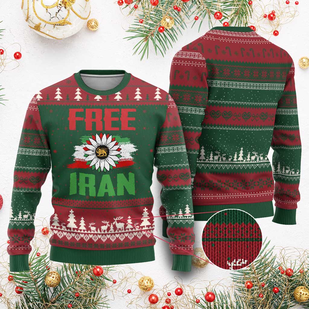 Free Iran Sunflower Ugly Christmas Sweater Persian Flag Lion and Su Iranian Revolution Freedom Supporters TS02 Red Green Print Your Wear