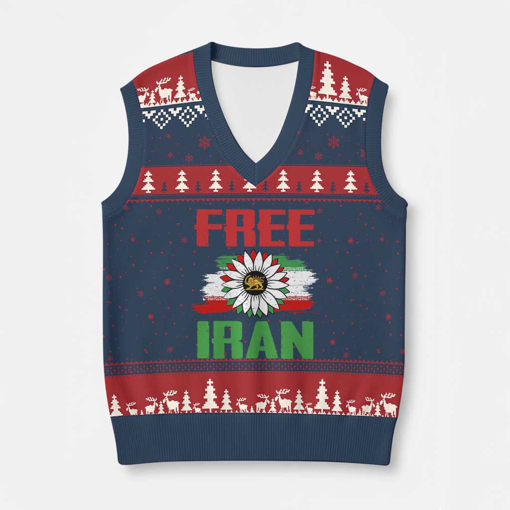 Free Iran Sunflower V-Neck Knit Sweater Vest Persian Flag Lion and Su Iranian Revolution Freedom Supporters TS02 Navy Red Print Your Wear
