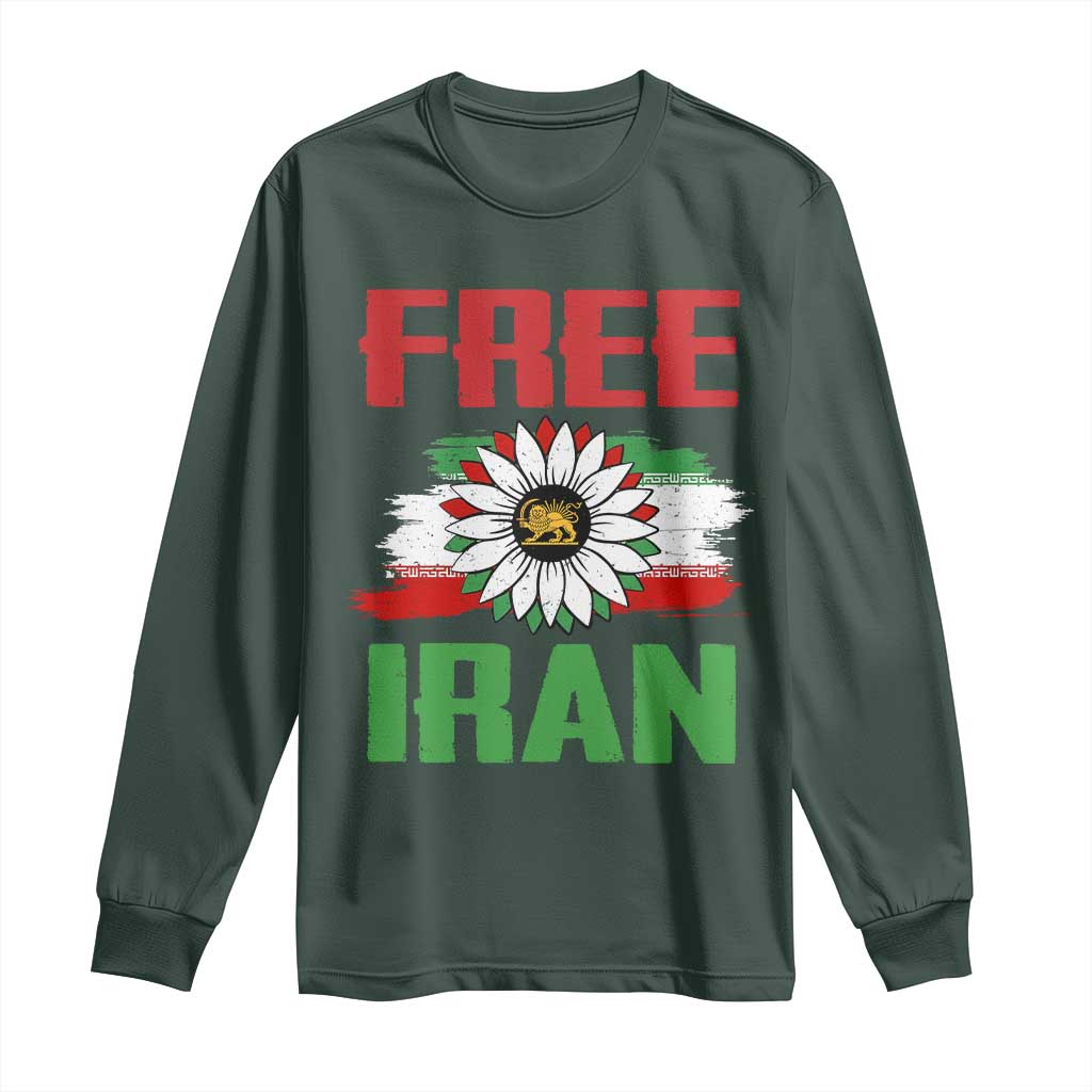 Free Iran Sunflower Long Sleeve Shirt Persian Flag Lion and Su Iranian Revolution Freedom Supporters TS02 Dark Forest Green Print Your Wear