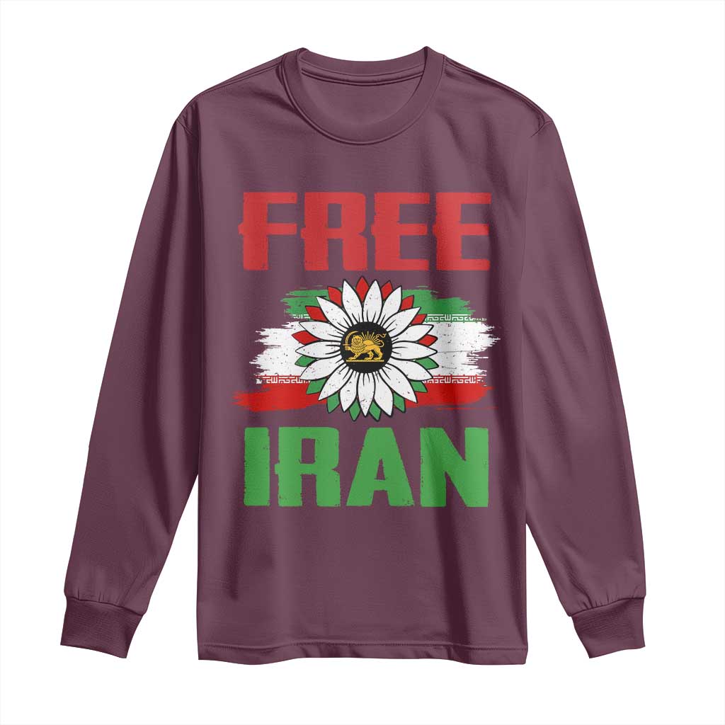 Free Iran Sunflower Long Sleeve Shirt Persian Flag Lion and Su Iranian Revolution Freedom Supporters TS02 Maroon Print Your Wear