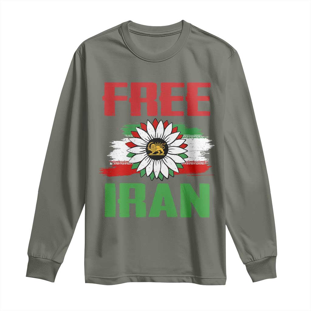 Free Iran Sunflower Long Sleeve Shirt Persian Flag Lion and Su Iranian Revolution Freedom Supporters TS02 Military Green Print Your Wear
