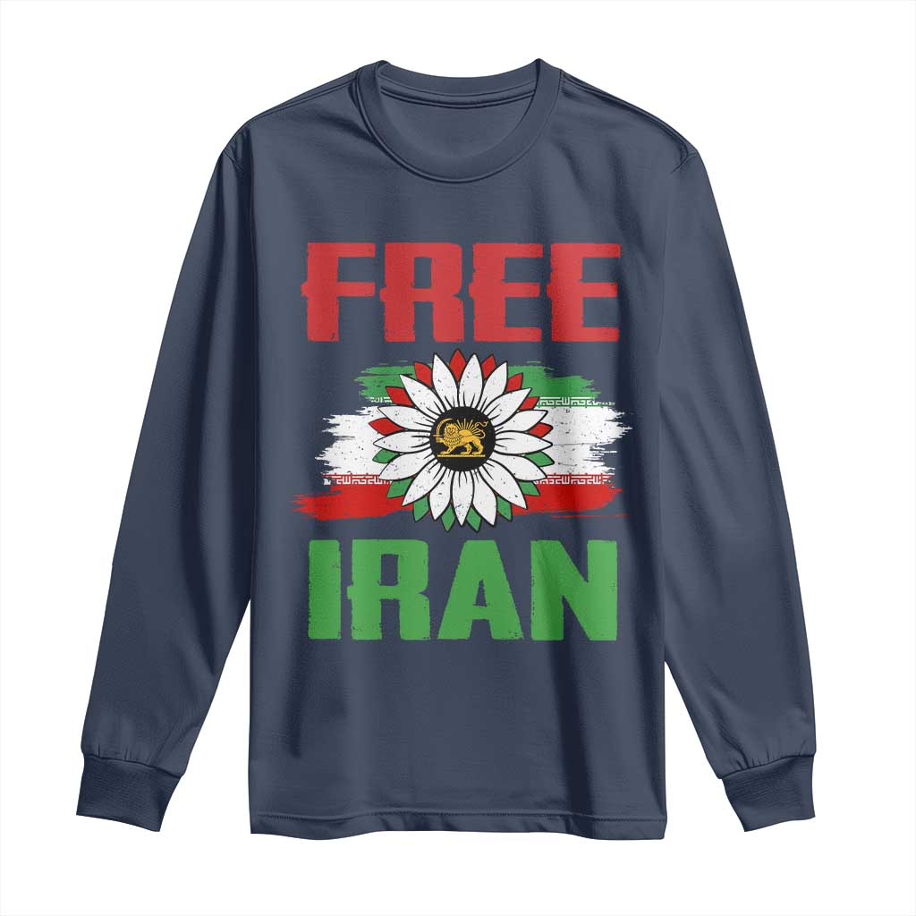 Free Iran Sunflower Long Sleeve Shirt Persian Flag Lion and Su Iranian Revolution Freedom Supporters TS02 Navy Print Your Wear