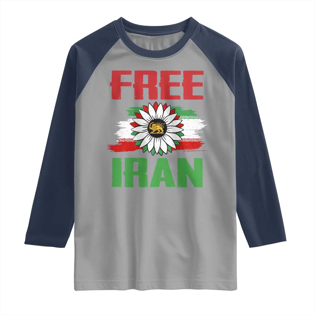 Free Iran Sunflower Raglan Shirt Persian Flag Lion and Su Iranian Revolution Freedom Supporters TS02 Sport Gray Navy Print Your Wear