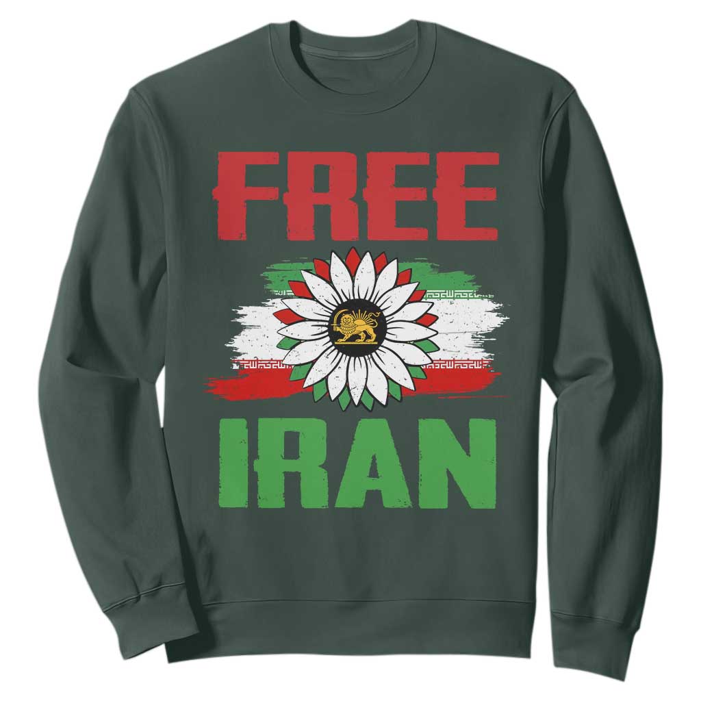 Free Iran Sunflower Sweatshirt Persian Flag Lion and Su Iranian Revolution Freedom Supporters TS02 Dark Forest Green Print Your Wear