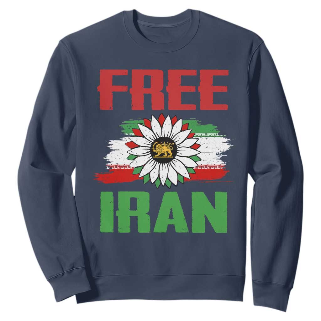 Free Iran Sunflower Sweatshirt Persian Flag Lion and Su Iranian Revolution Freedom Supporters TS02 Navy Print Your Wear