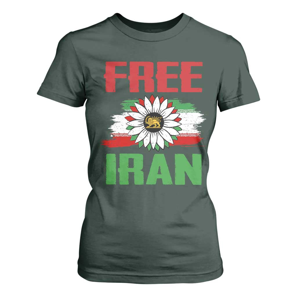 Free Iran Sunflower T Shirt For Women Persian Flag Lion and Su Iranian Revolution Freedom Supporters TS02 Dark Forest Green Print Your Wear