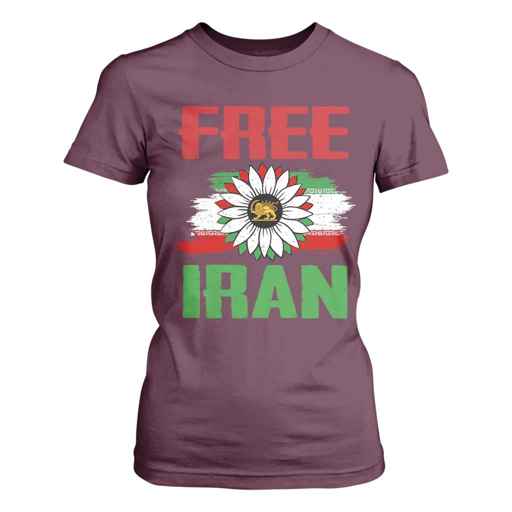 Free Iran Sunflower T Shirt For Women Persian Flag Lion and Su Iranian Revolution Freedom Supporters TS02 Maroon Print Your Wear