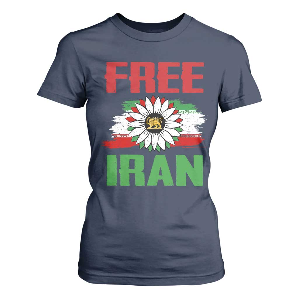Free Iran Sunflower T Shirt For Women Persian Flag Lion and Su Iranian Revolution Freedom Supporters TS02 Navy Print Your Wear