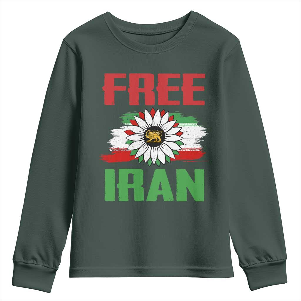 Free Iran Sunflower Youth Sweatshirt Persian Flag Lion and Su Iranian Revolution Freedom Supporters TS02 Dark Forest Green Print Your Wear