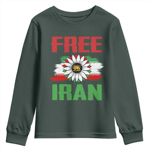 Free Iran Sunflower Youth Sweatshirt Persian Flag Lion and Su Iranian Revolution Freedom Supporters TS02 Dark Forest Green Print Your Wear