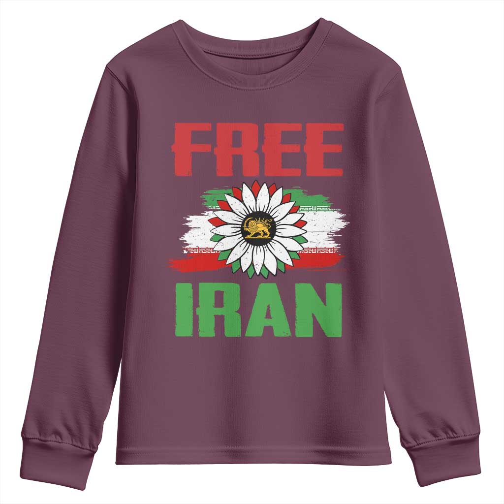 Free Iran Sunflower Youth Sweatshirt Persian Flag Lion and Su Iranian Revolution Freedom Supporters TS02 Maroon Print Your Wear