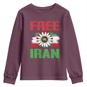 Free Iran Sunflower Youth Sweatshirt Persian Flag Lion and Su Iranian Revolution Freedom Supporters TS02 Maroon Print Your Wear