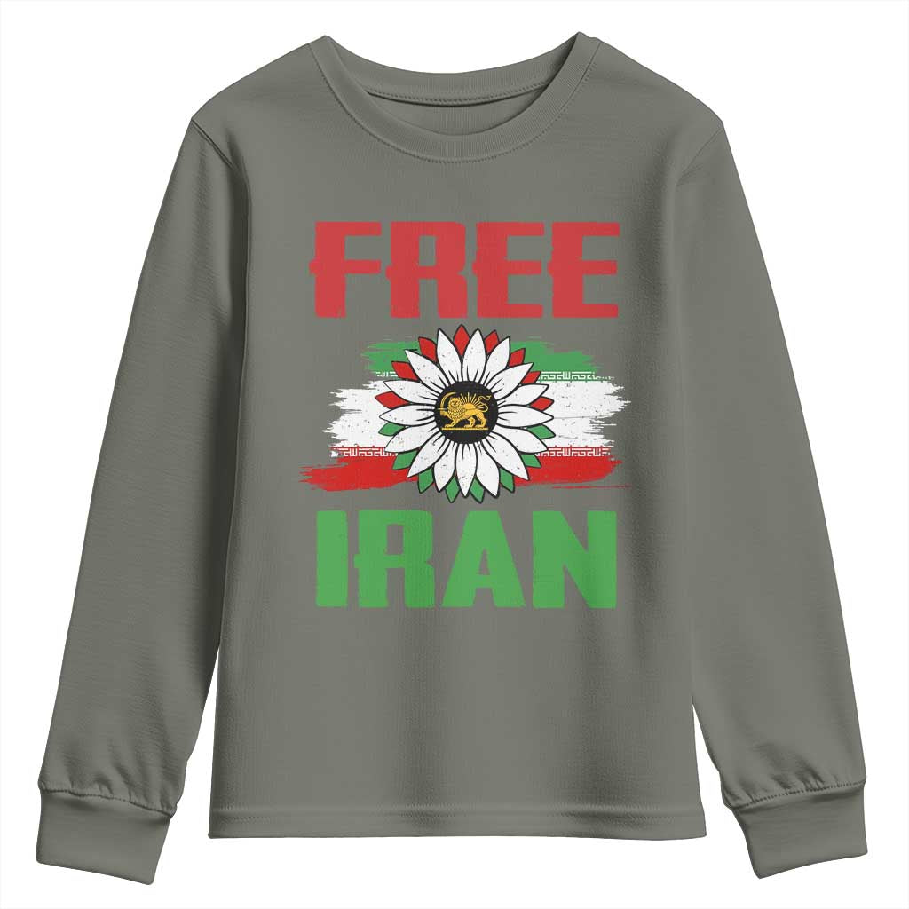 Free Iran Sunflower Youth Sweatshirt Persian Flag Lion and Su Iranian Revolution Freedom Supporters TS02 Military Green Print Your Wear