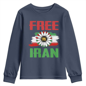 Free Iran Sunflower Youth Sweatshirt Persian Flag Lion and Su Iranian Revolution Freedom Supporters TS02 Navy Print Your Wear