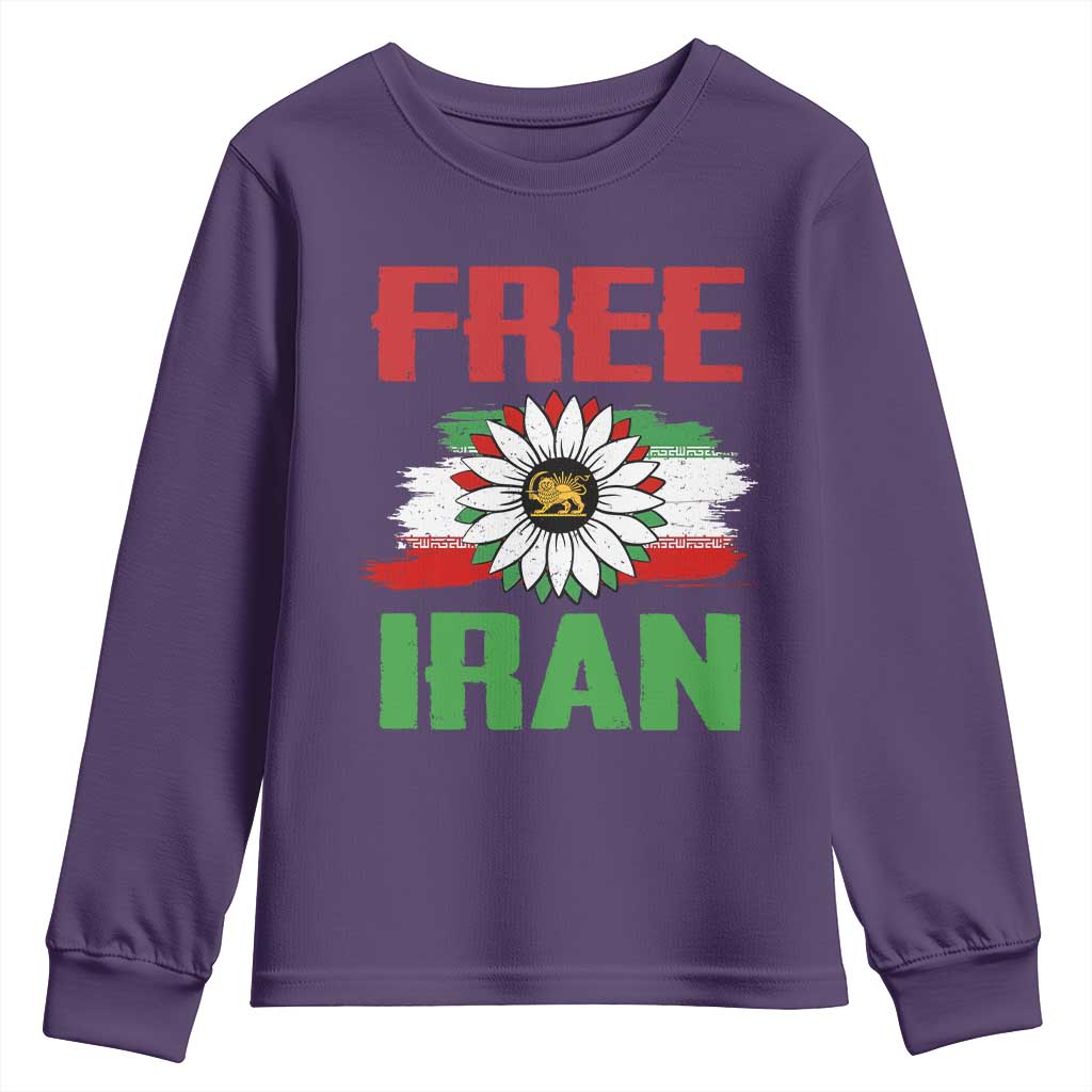 Free Iran Sunflower Youth Sweatshirt Persian Flag Lion and Su Iranian Revolution Freedom Supporters TS02 Purple Print Your Wear