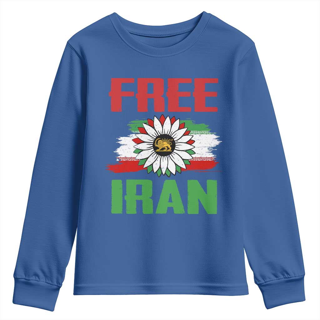Free Iran Sunflower Youth Sweatshirt Persian Flag Lion and Su Iranian Revolution Freedom Supporters TS02 Royal Blue Print Your Wear