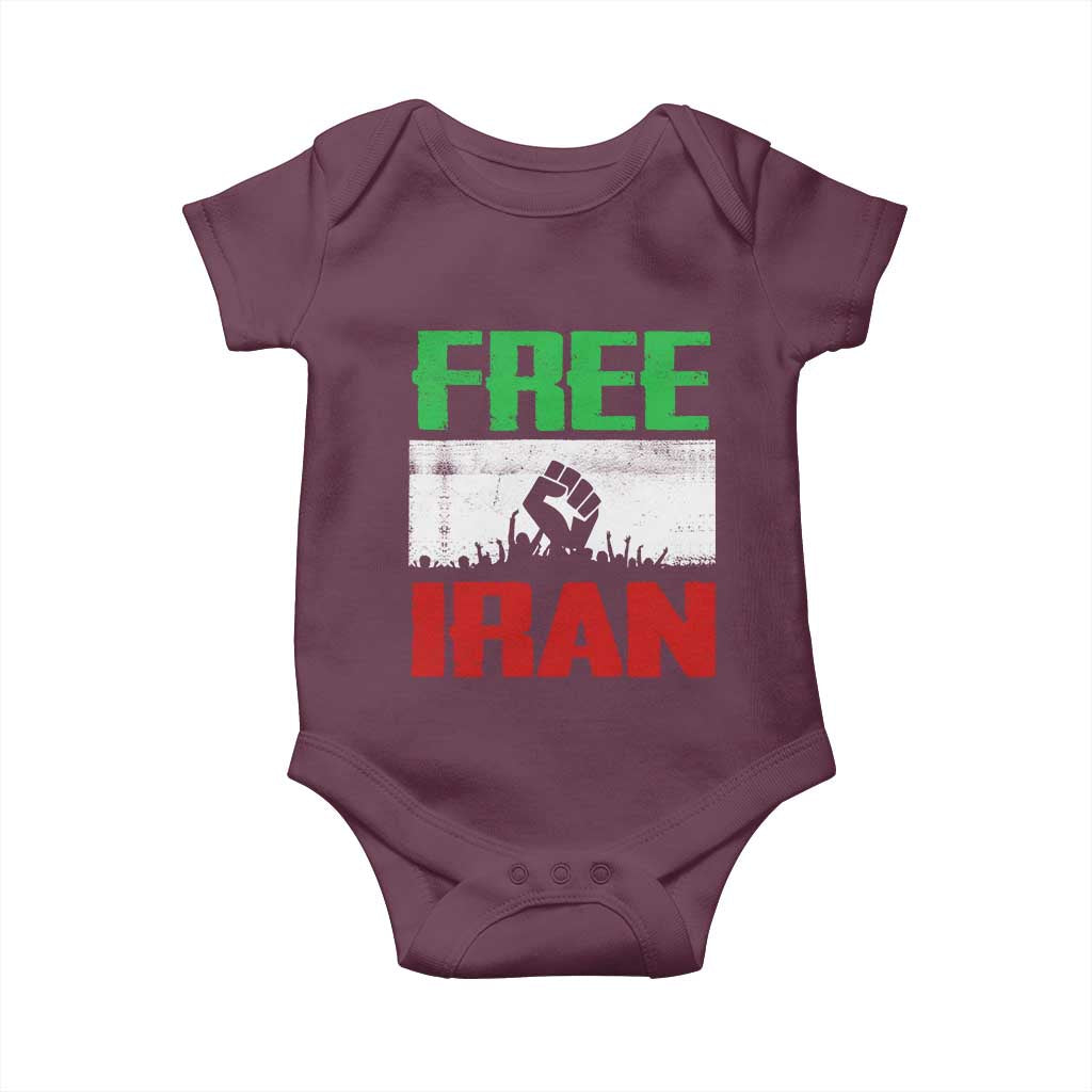 Free Iran Freedom Protest Baby Onesie Iranian Flag Raised Fist and Crowd Revolution TS02 Maroon Print Your Wear