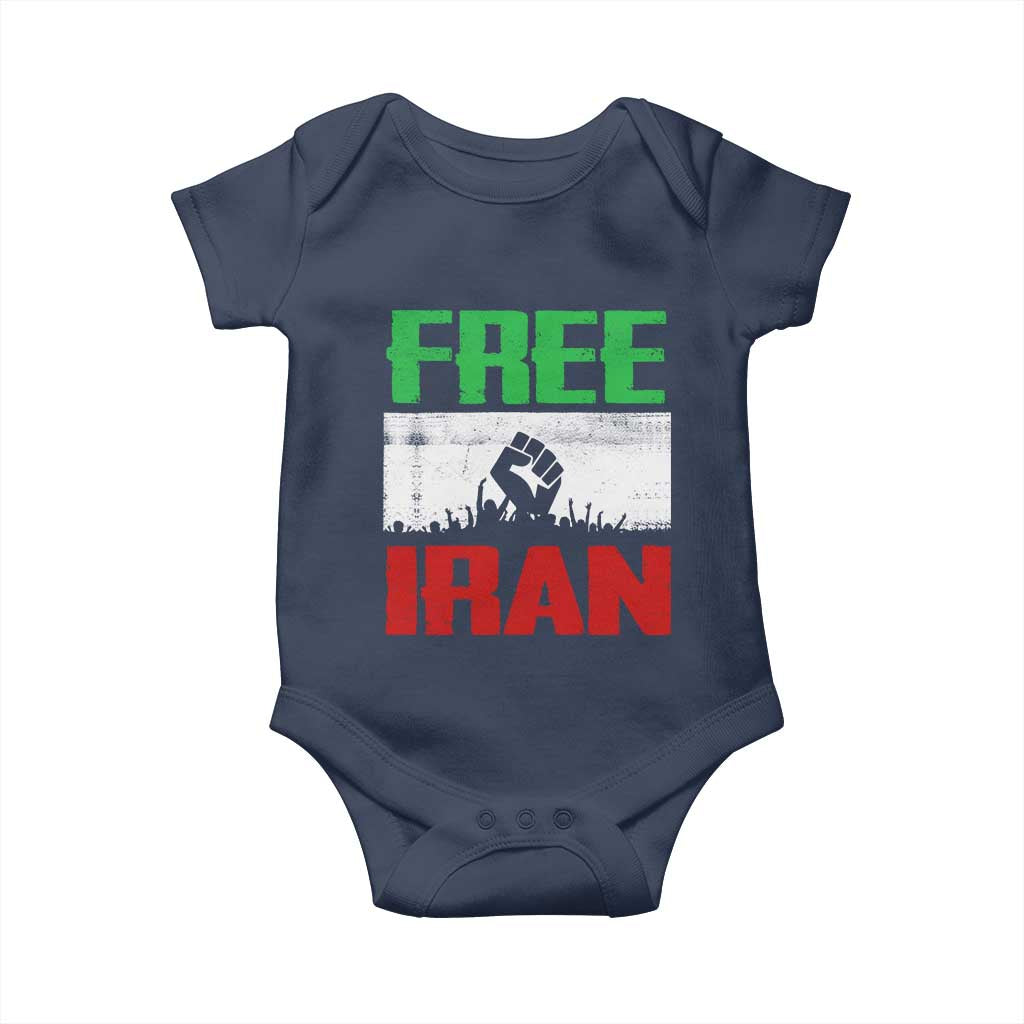 Free Iran Freedom Protest Baby Onesie Iranian Flag Raised Fist and Crowd Revolution TS02 Navy Print Your Wear