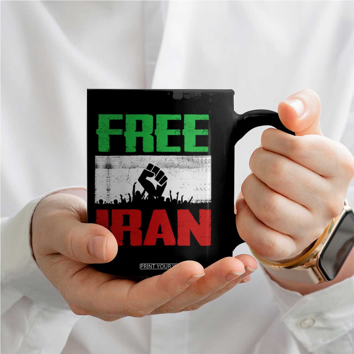Free Iran Freedom Protest Coffee Mug Iranian Flag Raised Fist and Crowd Revolution TS02 Print Your Wear