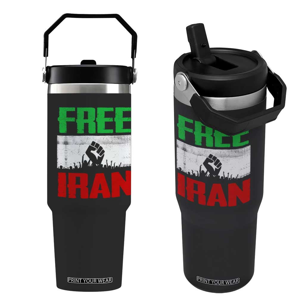 Free Iran Freedom Protest Flip Straw Tumbler Iranian Flag Raised Fist and Crowd Revolution TS02 One Size: 30 oz Black Print Your Wear