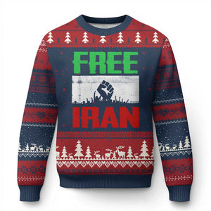 Free Iran Freedom Protest Ugly Christmas Sweater Iranian Flag Raised Fist and Crowd Revolution TS02 Navy Red Print Your Wear