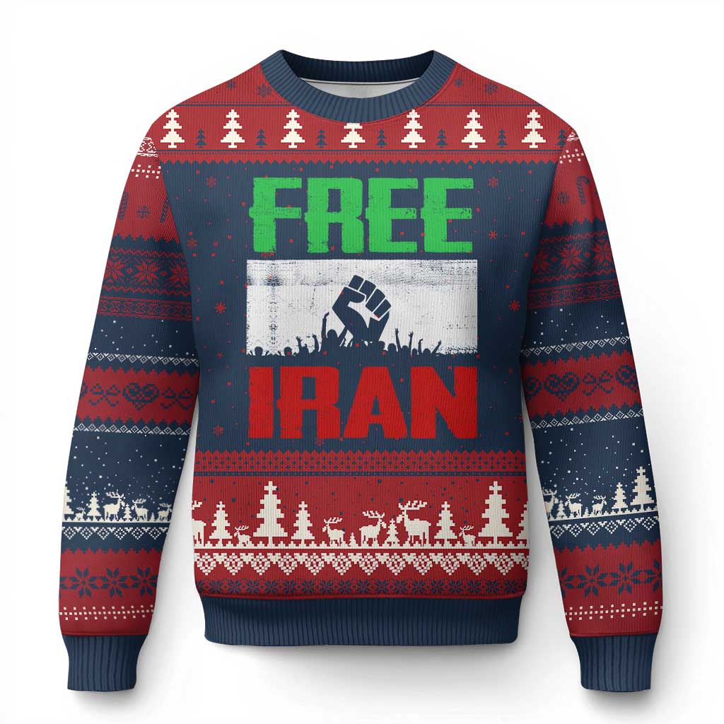 Free Iran Freedom Protest Ugly Christmas Sweater Iranian Flag Raised Fist and Crowd Revolution TS02 Navy Red Print Your Wear
