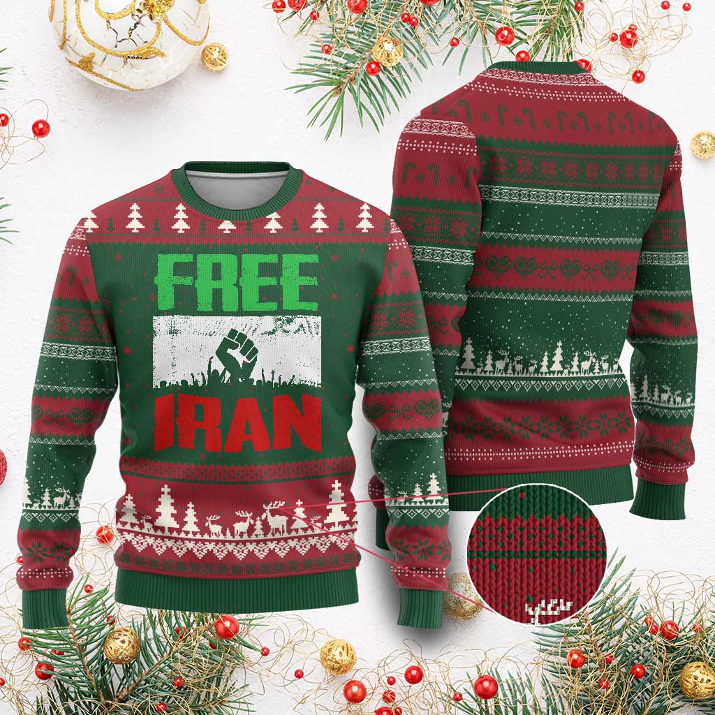 Free Iran Freedom Protest Ugly Christmas Sweater Iranian Flag Raised Fist and Crowd Revolution TS02 Red Green Print Your Wear
