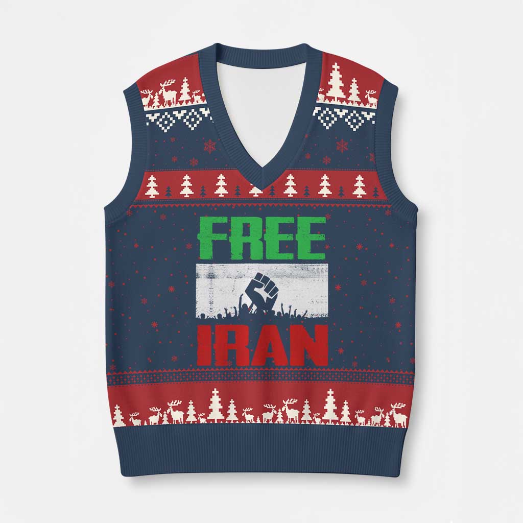 Free Iran Freedom Protest V-Neck Knit Sweater Vest Iranian Flag Raised Fist and Crowd Revolution TS02 Navy Red Print Your Wear