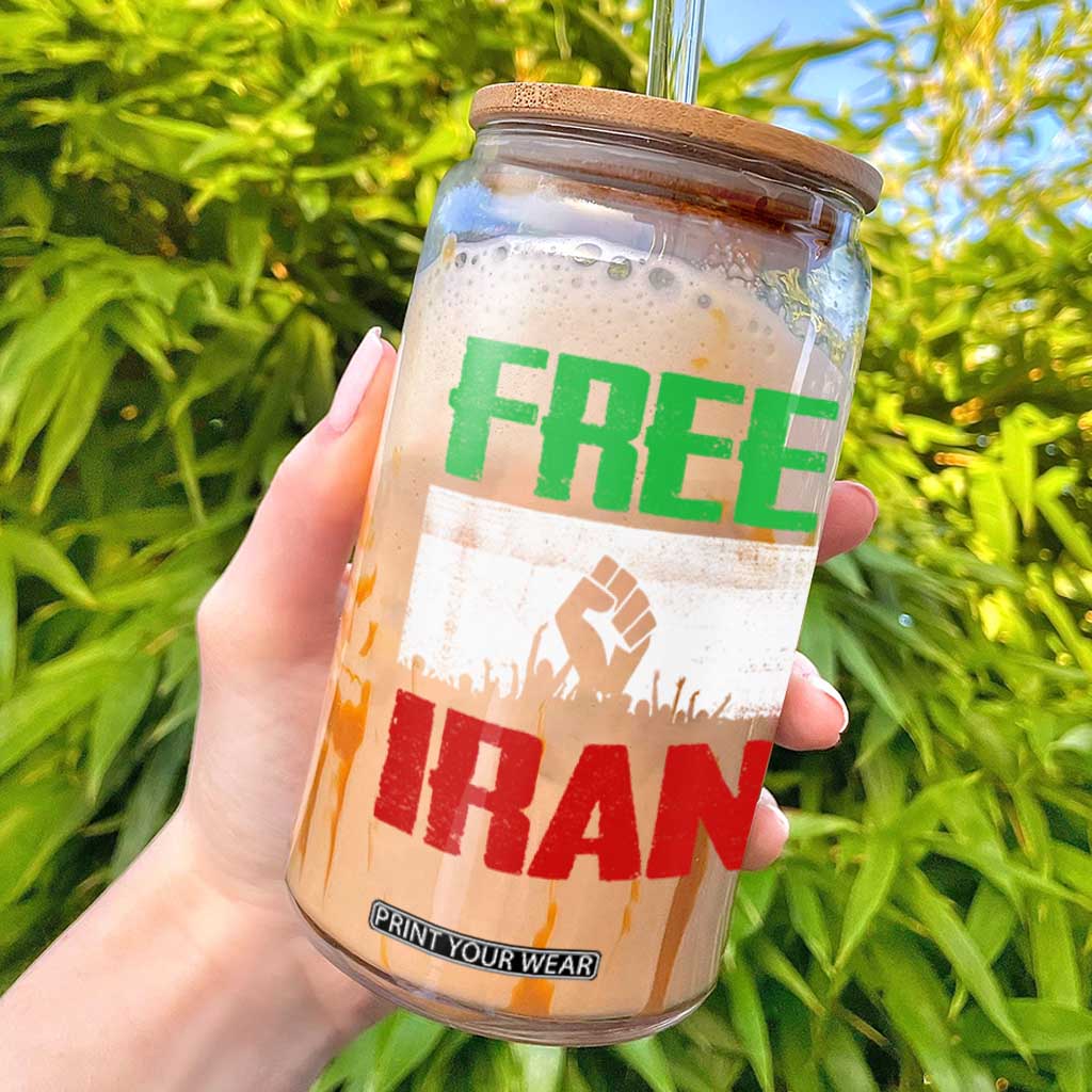 Free Iran Freedom Protest Glass Can Iranian Flag Raised Fist and Crowd Revolution TS02 Black Print Your Wear