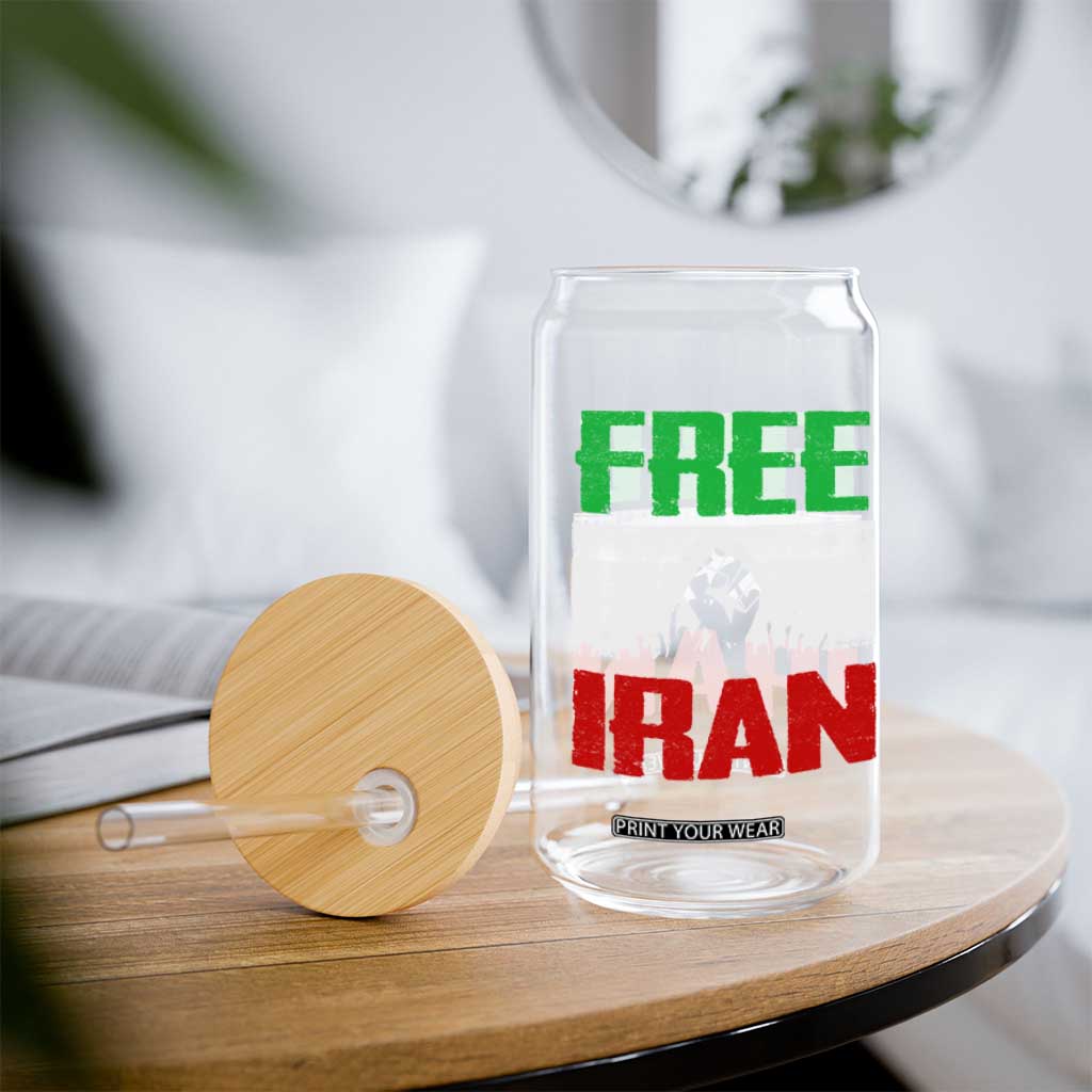 Free Iran Freedom Protest Glass Can Iranian Flag Raised Fist and Crowd Revolution TS02 Print Your Wear