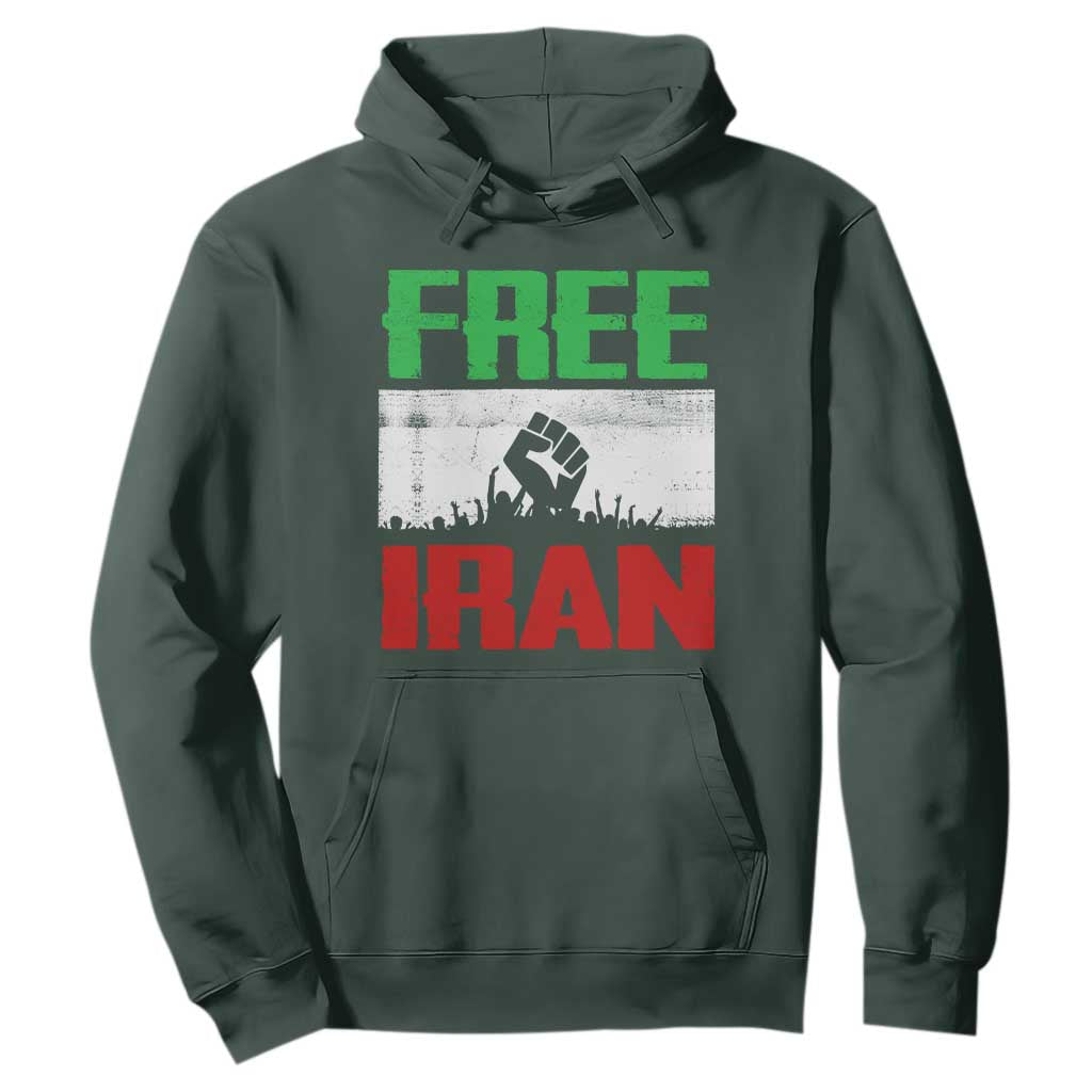 Free Iran Freedom Protest Hoodie Iranian Flag Raised Fist and Crowd Revolution TS02 Dark Forest Green Print Your Wear