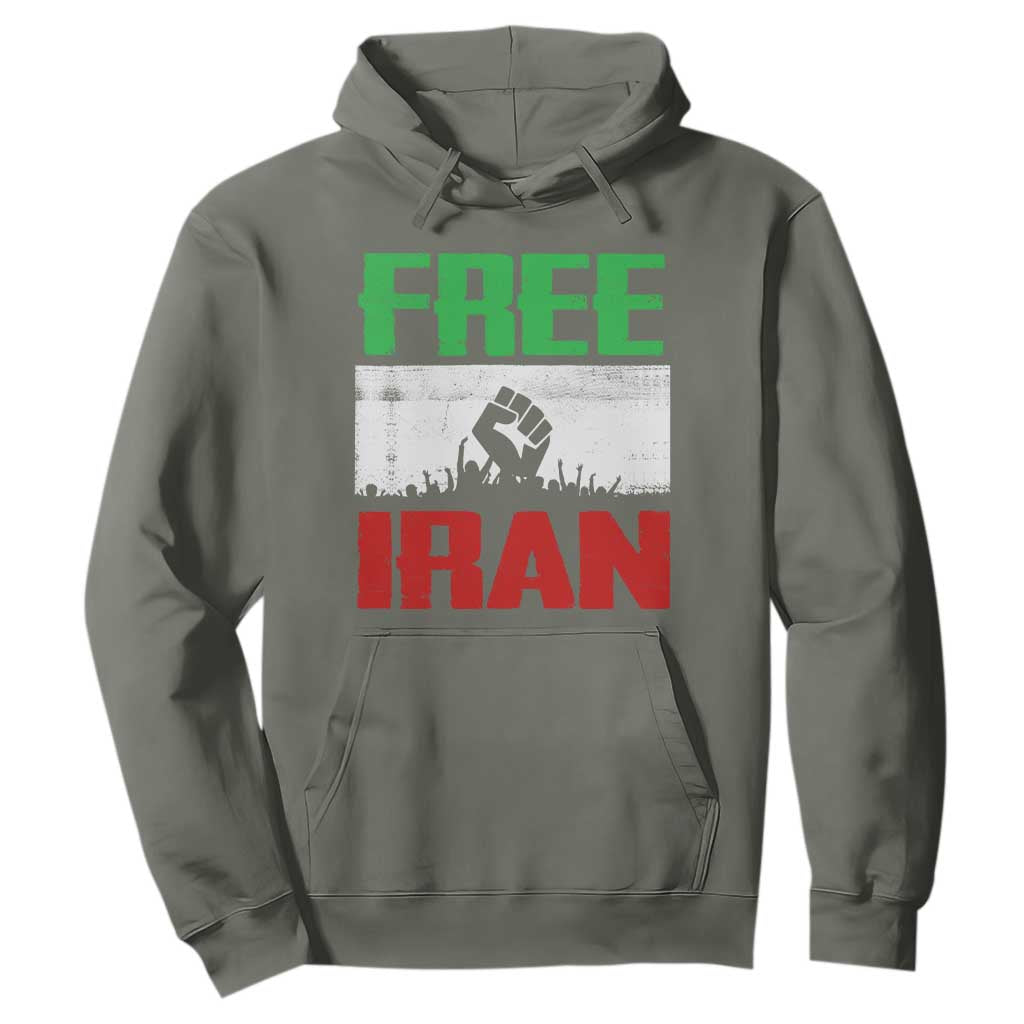 Free Iran Freedom Protest Hoodie Iranian Flag Raised Fist and Crowd Revolution TS02 Military Green Print Your Wear