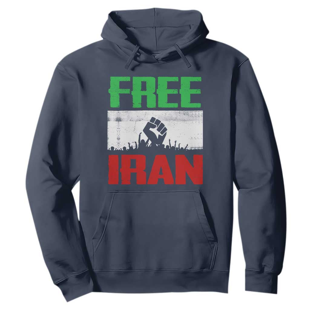 Free Iran Freedom Protest Hoodie Iranian Flag Raised Fist and Crowd Revolution TS02 Navy Print Your Wear