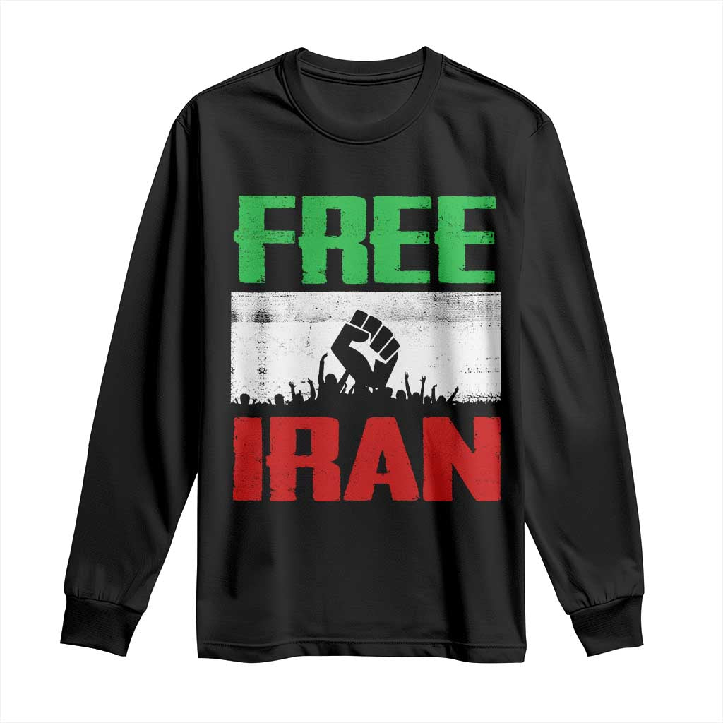 Free Iran Freedom Protest Long Sleeve Shirt Iranian Flag Raised Fist and Crowd Revolution TS02 Black Print Your Wear
