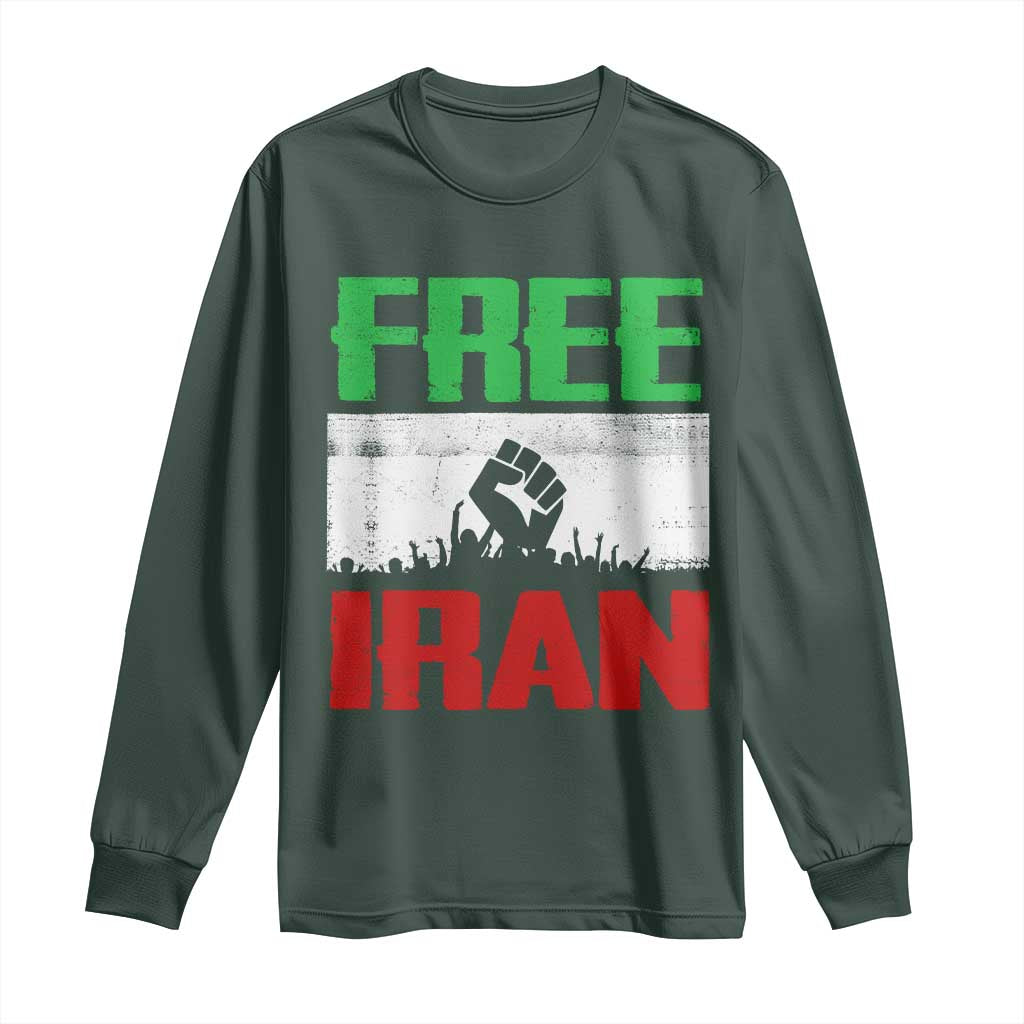 Free Iran Freedom Protest Long Sleeve Shirt Iranian Flag Raised Fist and Crowd Revolution TS02 Dark Forest Green Print Your Wear